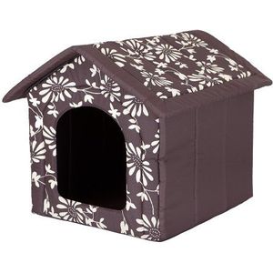 Hooded dog bed brown with flowers cat kennel/bed S - XL (M 44x38 cm)