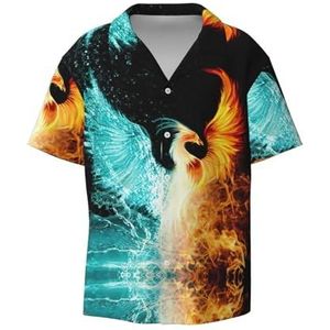 Fire and Water Phoenix Print Heren Korte Mouw Button Down Shirts Casual Losse Fit Zomer Strand Shirts Heren Jurk Shirts, Zwart, XL