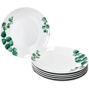 MamboCat Eucalyptus Set van 6 platte borden, Ø 27 cm, witte porseleinen eetborden voor 6 personen, met groene plantendecoratie, grote borden voor ontbijt, lunch, koffie en avondeten