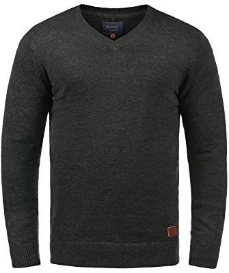Blend BHLasse gebreide trui voor heren, fijn gebreide trui met V-hals, katoenmix, regular fit, grijs (charcoal 70818), L