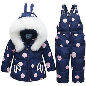 2 stuks sneeuwpak voor meisjes, donsjack met capuchon, mantel + skibroek, skiset voor kinderen van 2-3 jaar, blauw