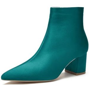 Vrouwen Chunky Blok Lage Hiel Chelsea Enkellaarsjes Puntige Neus Zijrits Kantoor Klassieke Satijnen Jurk Korte Bootie,Teal,35 EU