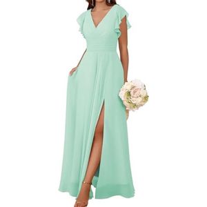 AHERKLL Bruidsmeisjesjurken met korte mouwen voor bruiloft ruches chiffon formele avondfeest maxi-jurk met steekzakken HAH059, mintgroen, 32