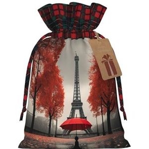 Eiffeltoren met rode paraplu, charmante kerstcadeautas, feestelijke jute geschenktas, voor je vakantieverpakking
