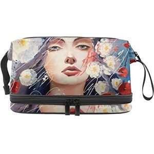 Grote capaciteit reizen cosmetische tas,Olieverf Vrouw,Make-up tas,Waterdichte make-up tas Organizer, Meerkleurig, 27x15x14 cm/10.6x5.9x5.5 in
