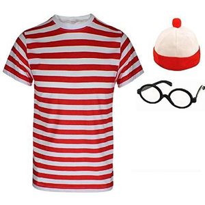 Dames Heren Wheres Nerd Geek Rood & Wit Streep Fancy Dress Fresher Kostuum Boek Dag 3 & 4-delige set, Heren T-shirt+hoed+bril, XL