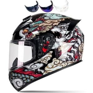 Volledige racemotorcrosshelm met helder en getint vizier, DOT-typegoedgekeurde fietshelm (XXL)(Cool Dragon,Large)