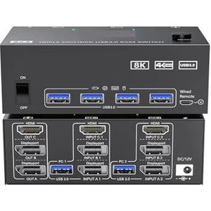 KVM-schakelaar 3 monitoren 2 computers 8K bij 60 Hz 4K bij 144 Hz 2 USB3.0 KVM-schakelaar Drievoudi monitor,Schakelde soepel(KVM203DH-AU)