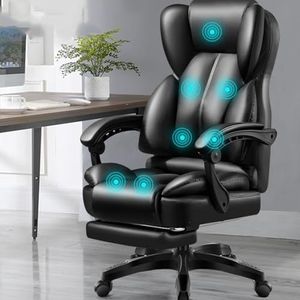 Bureaustoel met voetsteun, bureaustoel met 7-punts massage en warmte functie, hoge rug 150 ° Recliner Tilt Functie 360 ° Draaibaar PU Leer