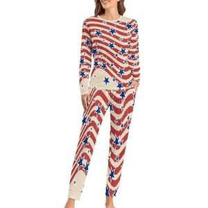 Amerikaanse patriottische sterren en strepen zachte damespyjama met lange mouwen, warme pasvorm, loungewear sets met zakken, 4XL