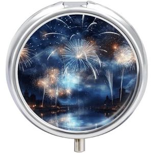 Nieuwjaar Pyrotechniek Pillendoos 3 Compartiment Kleine Pillendoos met Spiegel voor Portemonnee & Pocket Reisgeneeskunde Organizer Dagelijkse Medicatie Container Draagbare Pillendoos Metalen