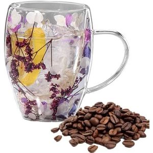 Dubbelwandige droge bloem glazen mok, geïsoleerde gedroogde bloemen koffiemokken, 350ml glazen bekers met handvat, warme koude dranken anti-brandende mokken voor melk, chocolade, thee, sap
