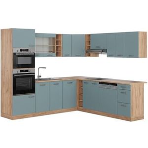 Vicco Hoekkeuken R-Line Solid eiken blauw grijs 247 x 237 cm moderne keukenkasten keukenmeubel