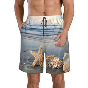 PHTZEZFC Seashells On The Beach Print strandshorts voor heren, lichtgewicht, sneldrogend, trekkoord zwembroek met zakken, Wit, M