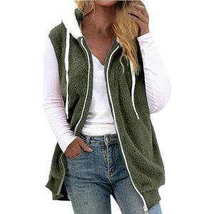 Fleece dames winter - bontvest mouwloos fleece vest middellang overgangsvest grote maten pluche vest verdikt warm gewatteerd vest capuchon teddyvest kleurblok sportvest sportief outdoorvest, Ag, L