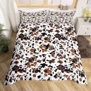 Homemissing Kinderbeddengoed met koeienprint, super kingsize bruin-witte dekbedovertrekset voor jongens, tieners, decoratieve melkkoe dekbedovertrekset, boerderij, spreihoes, slaapkamer dier