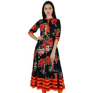 Bimba Dames met bloemenpatroon in zwart katoen kurta mandarijn kraag anarkali kurti Indiase designer etnische jurk, zwart, 48