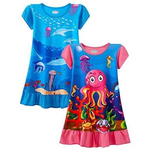 LOLPIP Nachthemden voor meisjes, babyjurk, eenhoorn-nachthemd, set van 2, 3-10 jaar, lichtblauw + octopwalvis, 5-6 Jaar