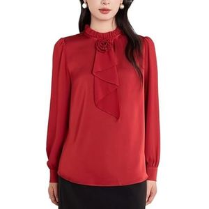 ROUZIHU Gerimpeld Chiffon Shirt Professioneel Commuter Pullover Shirt Lange Mouw Dames Shirt(Rosso,XXL)