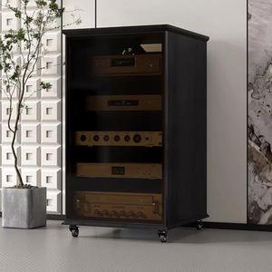 PP-Vic Stereokast, Media-Opslagkast Met Gehard Glazen Deur, Moderne AV-Kast Met Verstelbare Plankhoogte Met Wielen, Moderne Ontvangerconsoleplank, Thuis/Kantoor/Theater,5 layer black