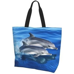 DOFFO Schnauzer Blauwe bedrukte canvas schoudertas, herbruikbare boodschappentas, strandtas, schoudertas, familie dolfijnen, Eén maat