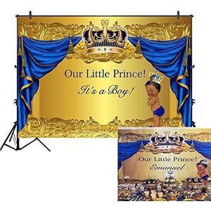 Baby Shower Fotografie Achtergrond Gekroond Koninklijke Prins Vinyl Achtergrond Goud en Blauw Gordijn Pasgeboren Verjaardagsfeestje (7.1 ft (W) X5ft (H))