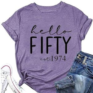 Hello Fifty Est 1974 Vrouwen Shirt 50e Verjaardagscadeau Tops Zomer Grappige Brief Print Tees Korte Mouw Retro T-shirts, Paars, S