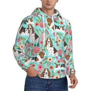 TTIGLHOH Sweet Basset Hound Bloemen Winter Hoodies Voor Mannen Fleece Gevoerde Sherpa Trui Kangoeroe Pocket Comfort Fit, Winter Sweatshirt, Zwart, M