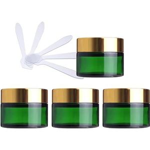 cosmetische potten 4 stuks groene glazen cosmetische potten van 50 ml, lege gezichtscrème-opslagcontainers potten met gouden deksel en binnenvoeringen + 4x spatel.