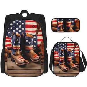 OdDdot Schoolrugzakset, reisrugzak, lichtgewicht boekentas, met lunchtas, etui - Amerikaanse vlag print, Amerikaanse vlag met cowboylaarzen, Eén maat, Schooltas Set