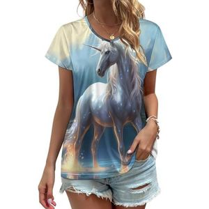 Fantasie Eenhoorn Dames V-hals T-shirts Leuke Grafische Korte Mouw Casual Tee Tops L
