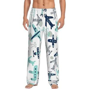 Vliegtuig Heren Lange Lounge Wear Broek Nachtkleding Pyjama Bottoms Nachtkleding Met Zakken En Trekkoord, Wit, S