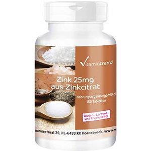 Zink 25mg - Zinkcitraat 180 hoge dosering tabletten voor 6 maanden - Veganistisch en gemaakt in Duitsland | Vitamintrend®