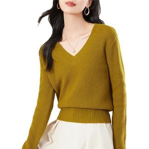 Wollen Trui V-hals Lange Mouwen Luie Stijl Comfortabele Casual Gebreide Vrouwen, Citrus Geel, L