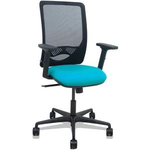 Zulema - Ergonomische bureaustoel met synchroonmechanisme, 2D-armleuningen, rugleuning van ademende netstof, zwart, zitting met balistof in turquoise, 65 mm wielen van nylon