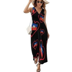 I Love Haïti Rood Hart Casual Maxi Jurk Voor Vrouwen V-hals Zomer Jurk Mouwloze Strandjurk M