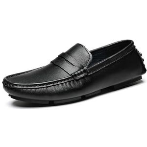 Loafers for heren met vierkante neus, lederen Penny Driving Loafers, antislip platte hak, flexibele feestmode instappers (Color : Black, Size : 42 EU)