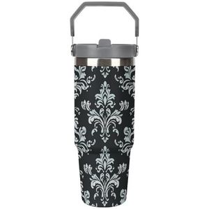 FHECVBN Grote Capaciteit Auto Cup Koffie Tumbler Damast Patroon Koffie Mok Flip Stro Tumbler Rvs Cup Geïsoleerde Tumbler Travel Mok 30oz