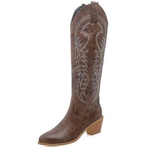 Onewus Geborduurde kniehoge westernlaarzen voor dames, vintage met dikke hakken, donkerbruin, 38 EU