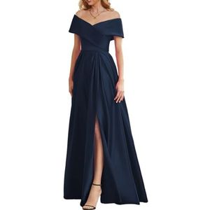 BRIGOW Satijnen bruidsmeisjesjurk voor bruiloft met split mouwloze galajurken plooien cocktailjurk grote maten, Donkerblauw, 32