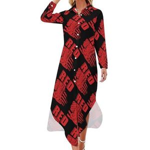 Remember Everyone Deployed RED Maxi-jurk voor dames met lange mouwen en knopen overhemd jurk casual feest lange jurken L