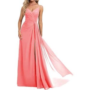 Prinses Bruidsmeisjes Jurken Spaghetti Bandjes Galajurken Chiffon Formele Avondfeest Maxi Jurk met Split ZM210, Koraal, 32