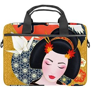 Kleurrijke Paars Paasei & Blad Laptop Schouder Messenger Bag Crossbody Aktetas Messenger Sleeve voor 13 13.3 14.5 Inch Laptop Tablet Beschermen Tote Bag Case, Japanse Geisha Kraan Kersenbloemen, 11x14.5x1.2in /28x36.8x3 cm