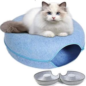 Removable Cat Nest,Round Donut Felt Pet Nest,Semi-Closed Washable Cat Tunnel Nest,Four Seasons Available Cat Nest For All Dogs Cats (24inch, Blue)