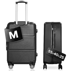 DS-Lux Hoogwaardige reiskoffer, harde koffer, trolley, rolkoffer, handbagage, ABS-kunststof met TSA-slot, 4 spinner-wielen, (S-M-L-set), Zwart V2, Medium, koffer