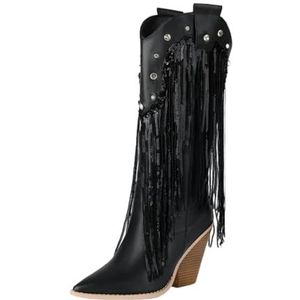 Dames Western Cowboylaarzen Met Klinknagel 2025 Retro Lange Boots Met Franjes Puntige Neus Hoge Laarzen Met Blokhak Dames PU Leren Brede Buis Instapschoenen(Black,43 EU)