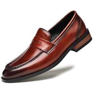 Herenloafers Ronde gepolijste teen Penny Loafers Comfortabele platte hak Antislip Casual Party Slip On (Color : Red Brown, Size : 43 EU)