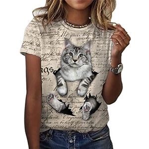 Animal Series Digital Print T-shirt voor dames, korte mouwen, casual, grote maat, kat, persoonlijkheid, ronde hals, top, 16q, 4XL