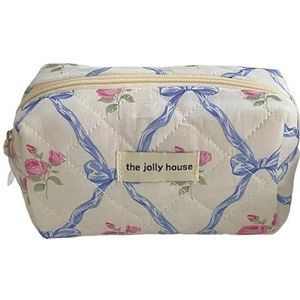 Make-uptas Leuke Boog Bloem Quilten Katoen Make-uptas Vrouwen Rits Cosmetische Organizer Vrouwelijke Doek Handtas Draagbare Toilettas Make Up Bag, Blauw-c, Eén maat