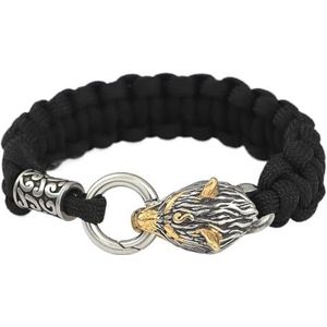 Viking Paracord Odin Wolf Hoofdarmband - Mannen Vrouwen Roestvrij Staal Wolf Fenrir Kraal Gevlochten Armband - Handgemaakte Noordse Vintage Dieren Amulet Polsband Sieraden (Color : Gold_19CM)